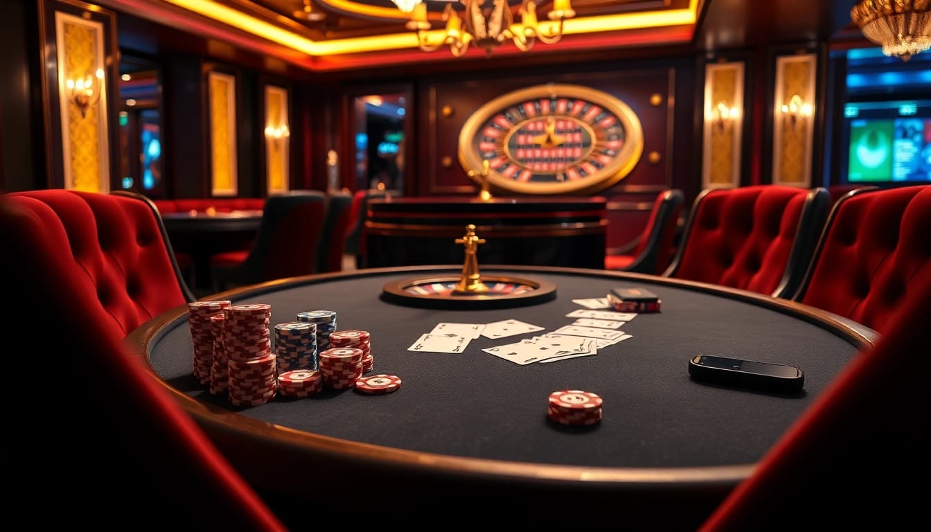 A high-stakes poker scene at nhà cái tobet88 featuring vibrant chips and elegant game settings.