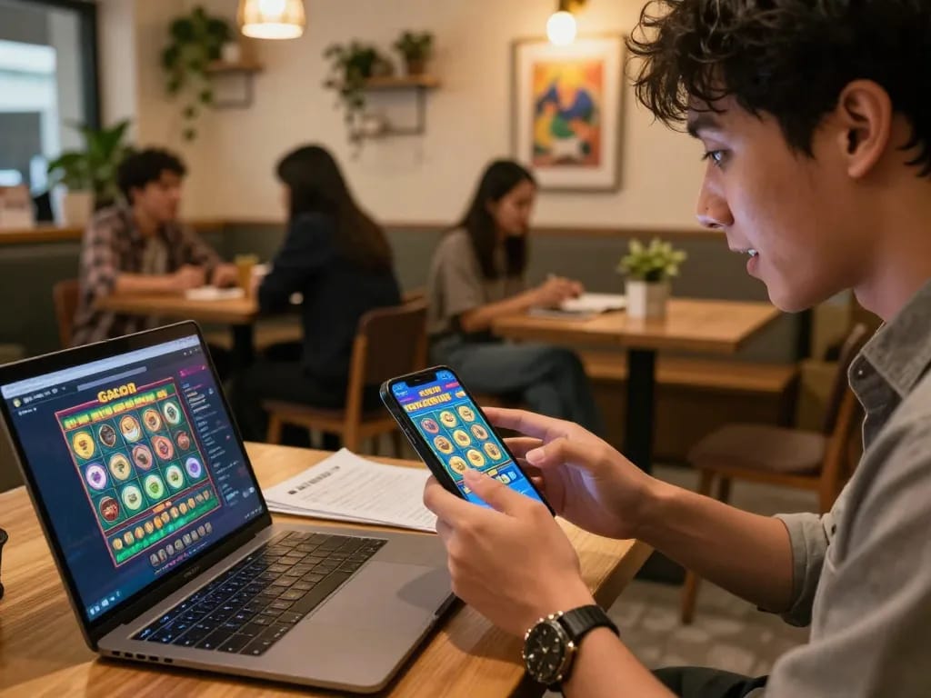 Engaging moment playing slot gacor on a mobile device in a stylish café.