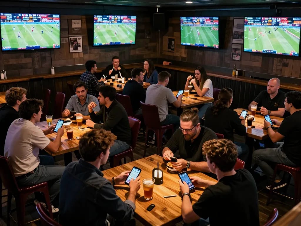 123b players engaging in sports betting at a lively venue with multiple screens showing live games.