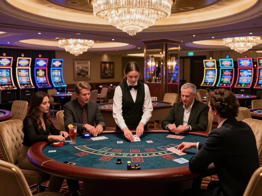 Players enjoying blackjack at f168's luxury casino table, vibrant atmosphere with upscale decor and drinks.
