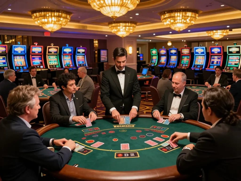 THABET players passionately placing bets at blackjack tables in a luxurious casino.