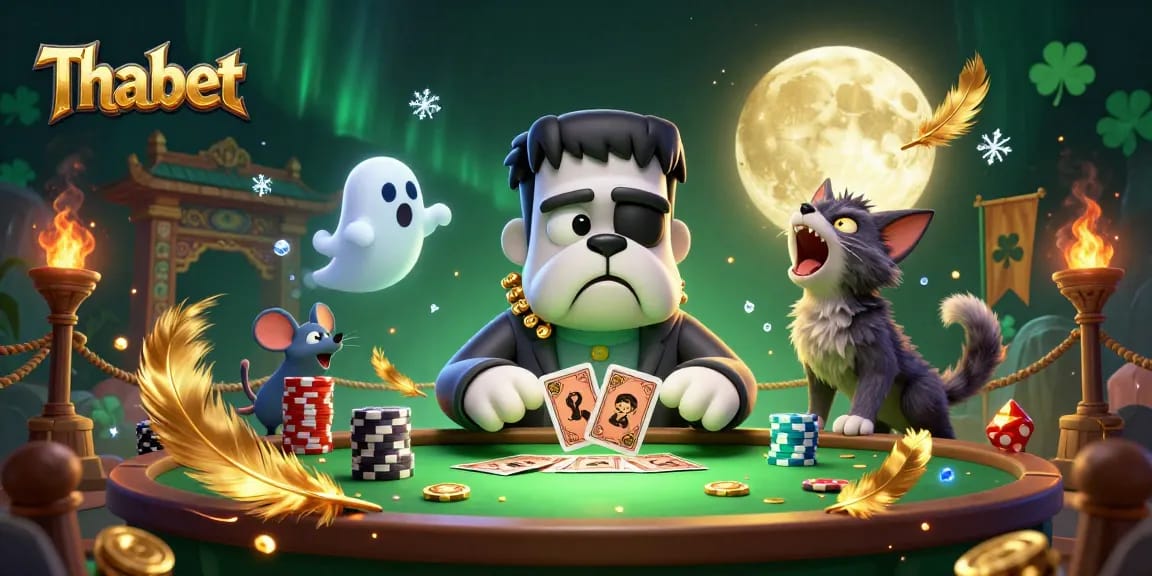 Thabet players experience thrilling card dealing by a Frankenstein bulldog at a vibrant casino.