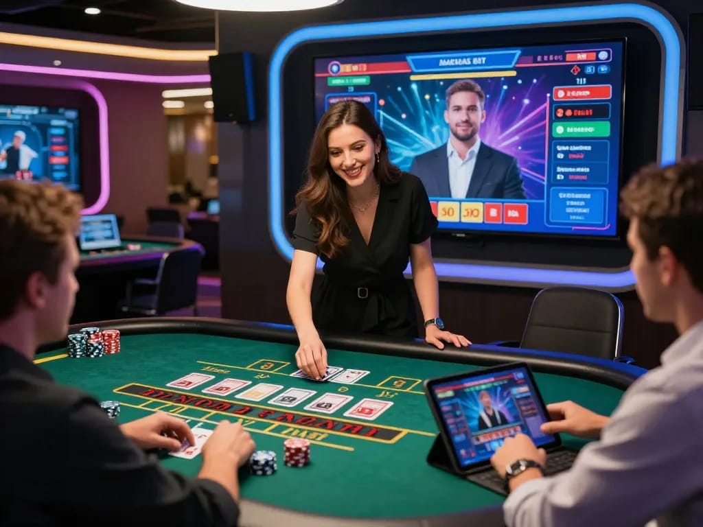 Engaging live baccarat game at contemporary online casino featuring a friendly dealer and immersive digital environment.
