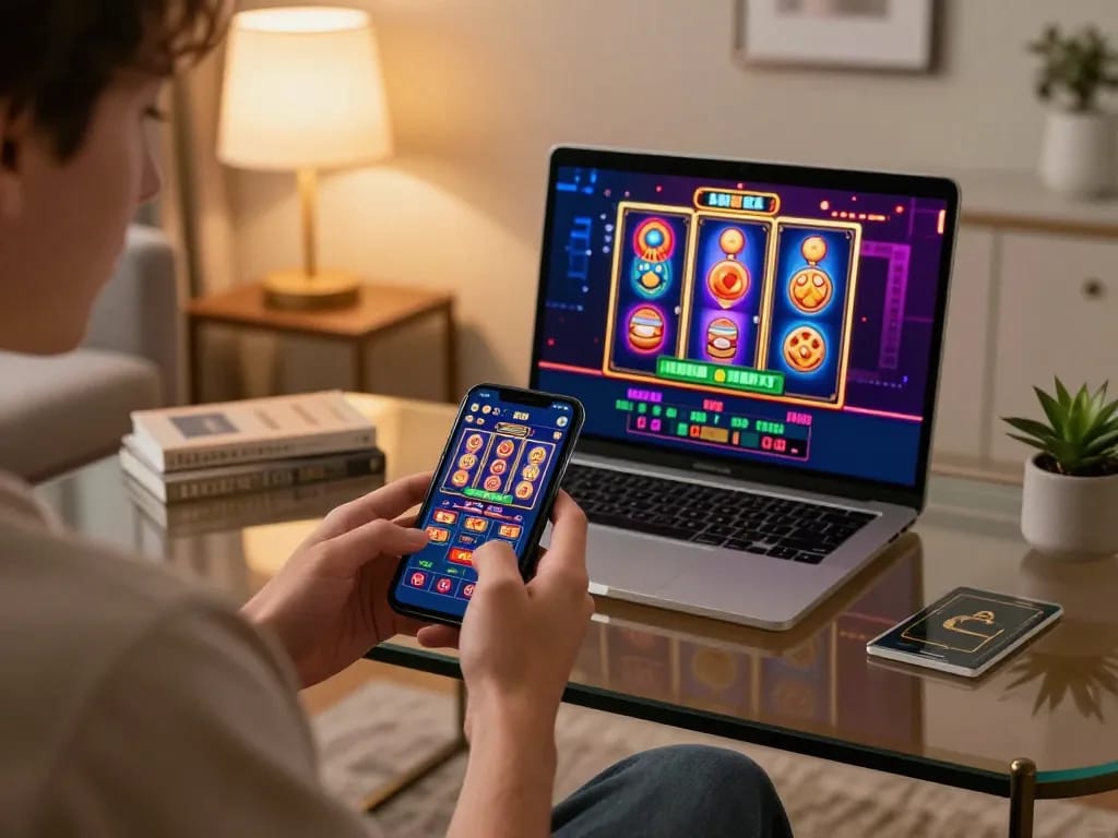 Player engages in thrilling online gameplay at cm88, showing vibrant slot machine graphics on smartphone.