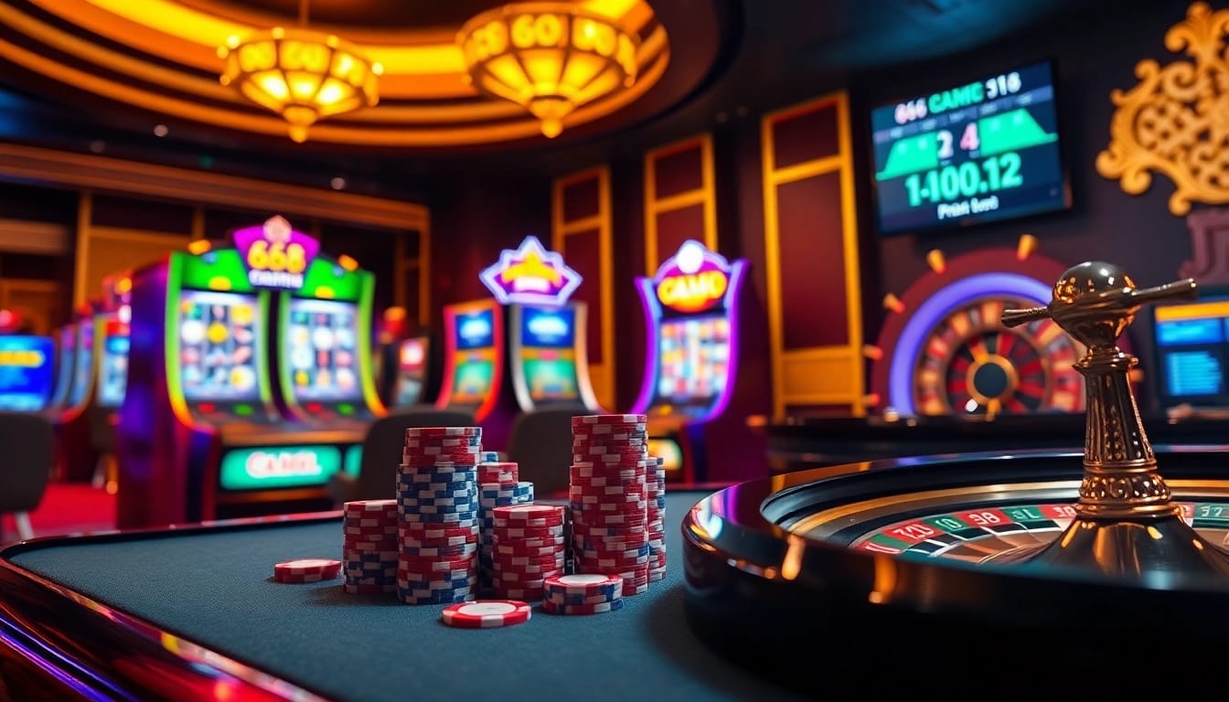 Exciting gaming scene showcasing 68 game bài with vibrant slot machines and poker chips.