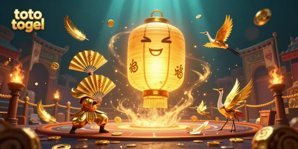 Menangkan permainan toto togel dalam suasana kasino yang meriah dengan elemen berkilau dan karakter berwarna emas.