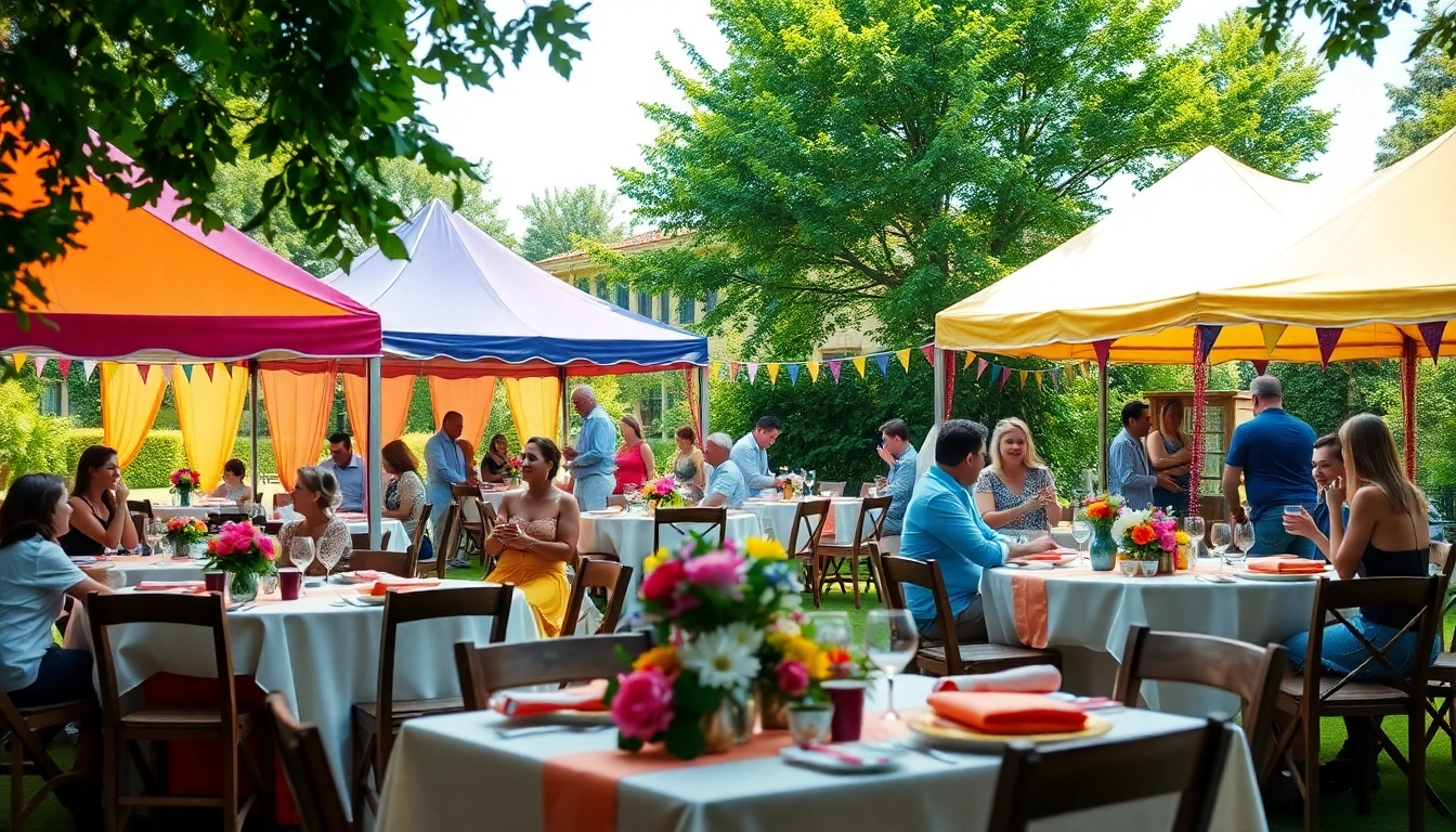Cheerful gathering showcasing Party Rentals with decorated tables and colorful tents in a sunny garden.