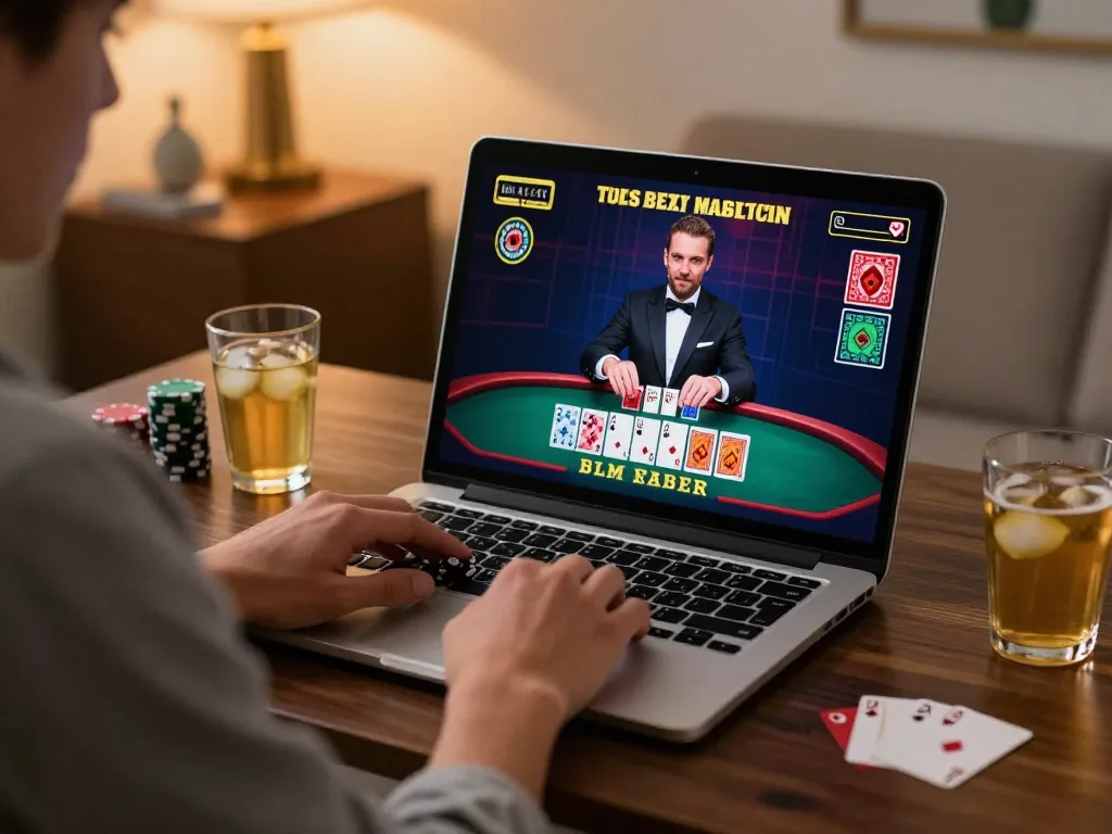 Player enjoying ev99 blackjack online at home, showcasing engaging gameplay atmosphere.
