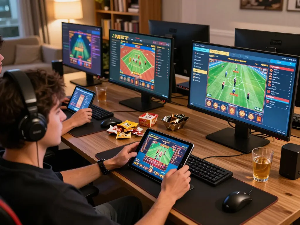 Engaging player enjoying online casino games on multiple screens at home with sc888 focused gameplay.