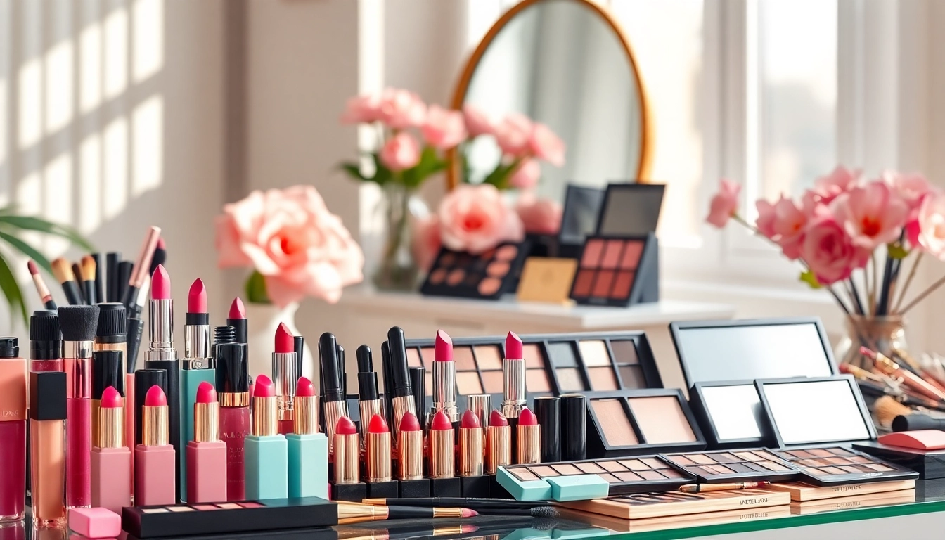 Wholesale makeup suppliers display elegant and organized makeup products in a stylish vanity setting.