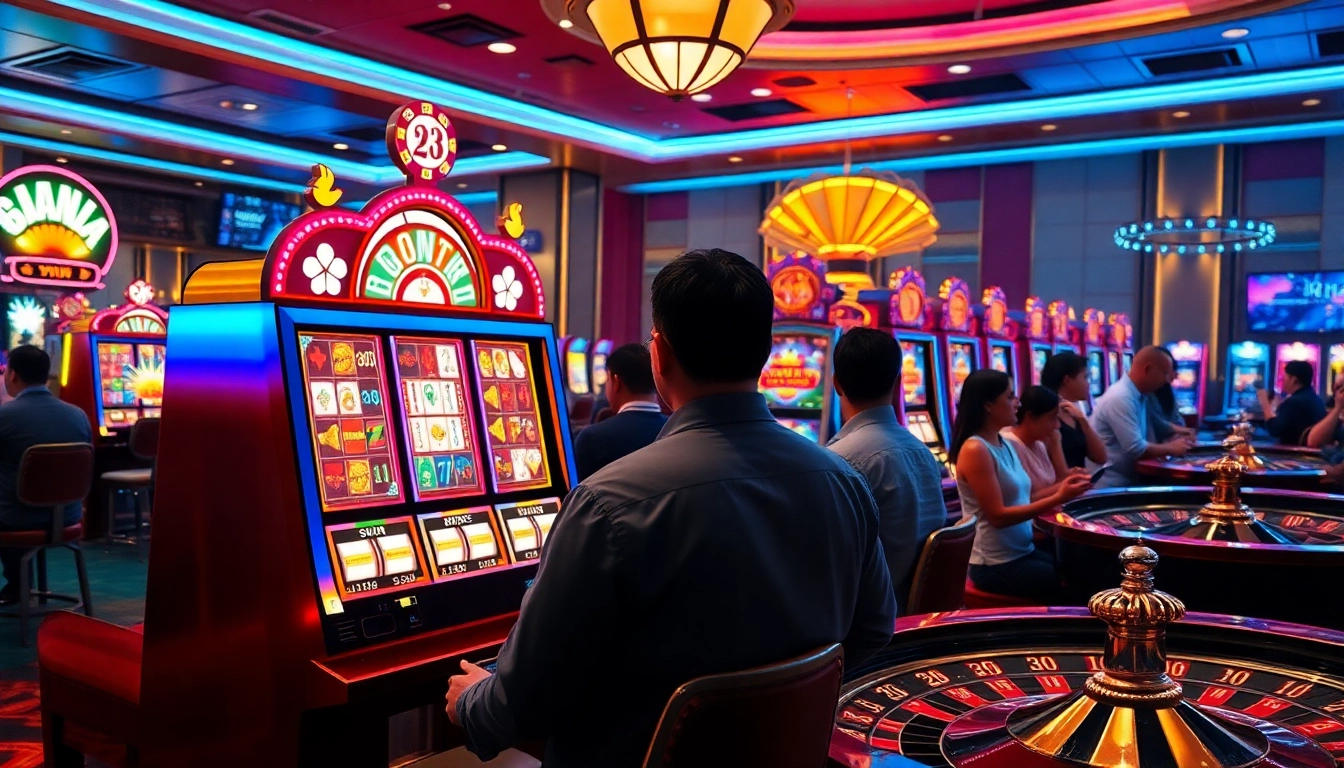 Nổ hũ vmax casino scene with vibrant slot machines and excited players spinning for jackpots.