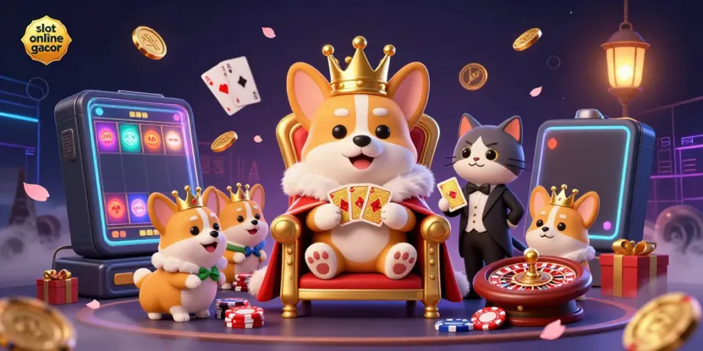 Experience the excitement of slot online gacor with a vibrant scene featuring a royal corgi and playful casino elements.
