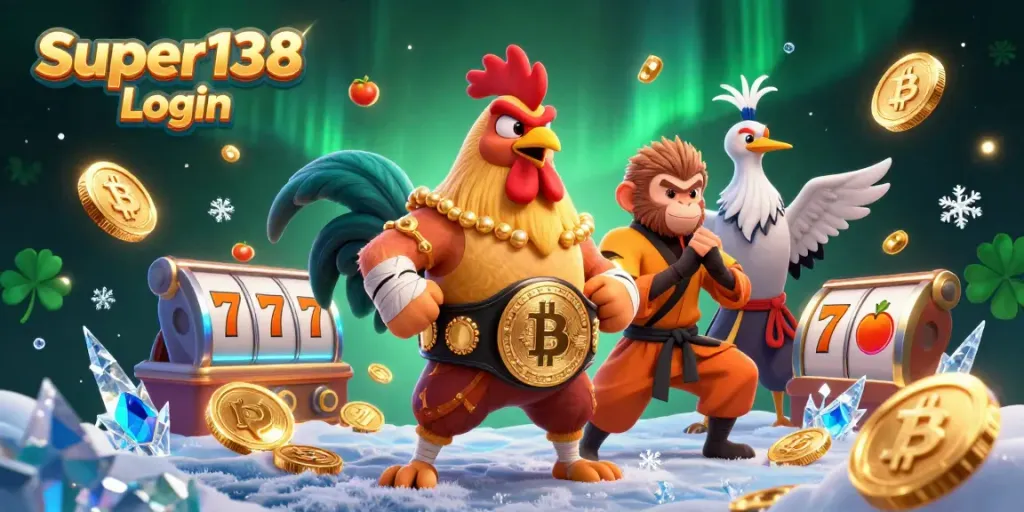 Engage with Super138 Login through an energetic casino scene featuring vibrant characters and thrilling game elements.