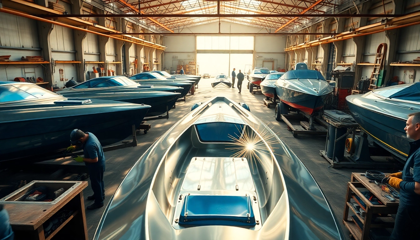 Fabrication of aluminum boats at fab tech Industries inc, showcasing skilled craftsmanship in a sunny workshop.