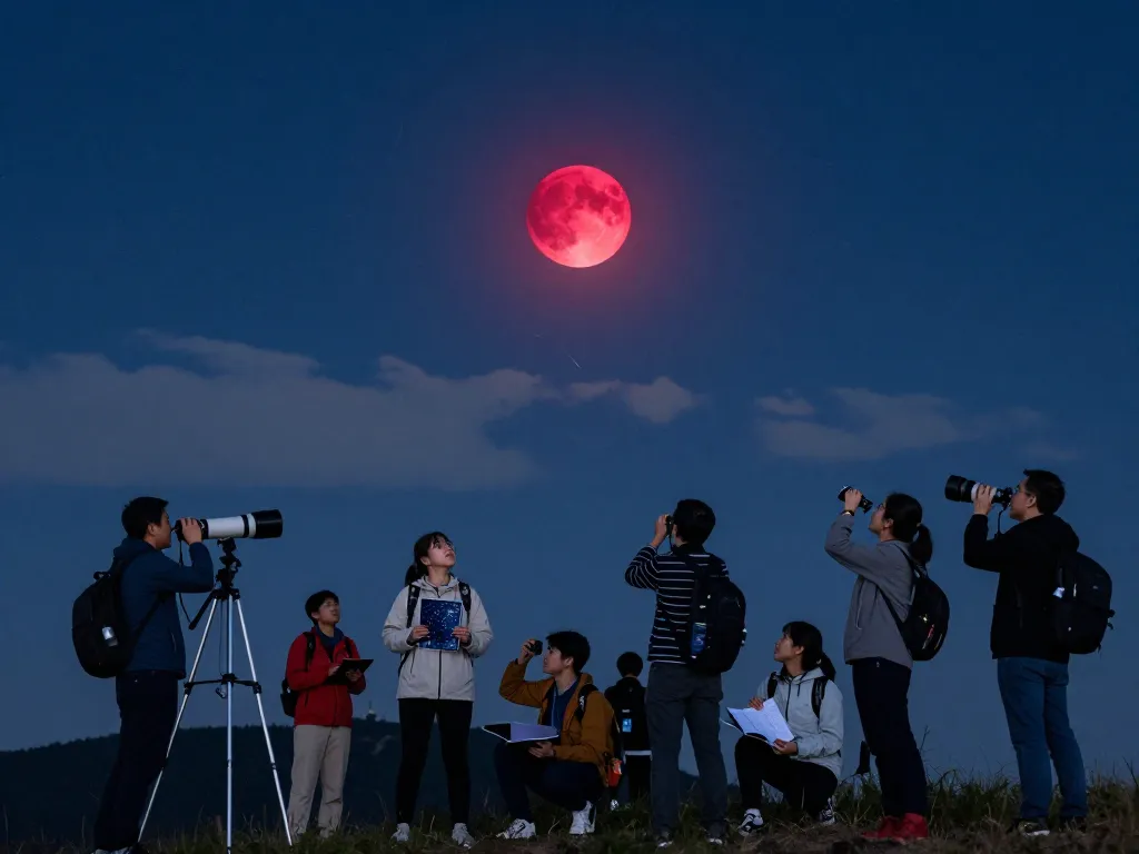 Total lunar eclipse scene with a red moon illuminating excited astronomers observing the night sky.