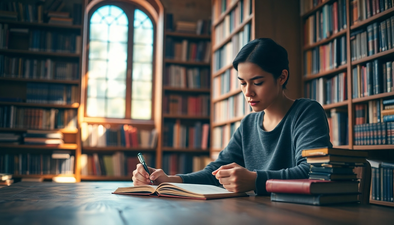 Crafting a Motivational Memoir in a serene library setting filled with inspiring books.