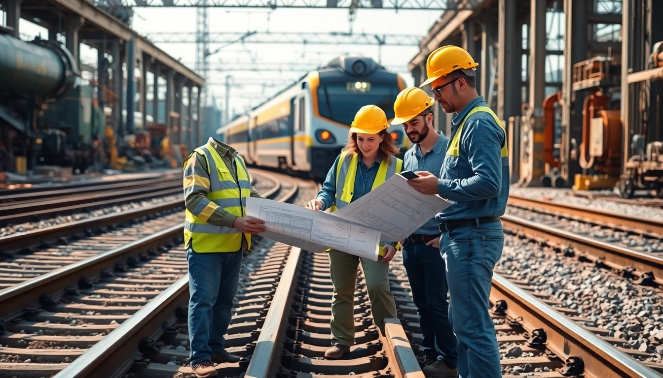 Railroad Engineering team inspecting blueprints at a construction site with trains and equipment.