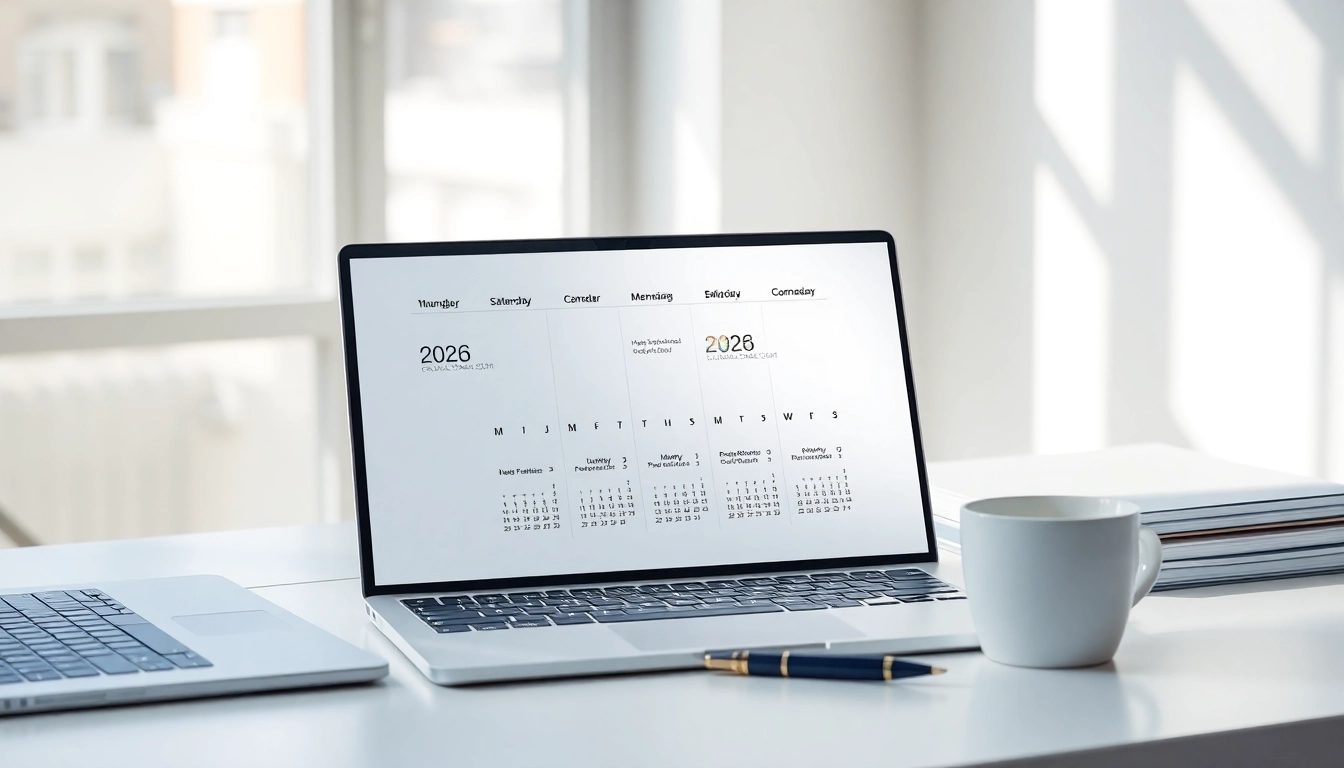 2026 calendar pdf displayed in a modern workspace with a laptop and coffee cup.