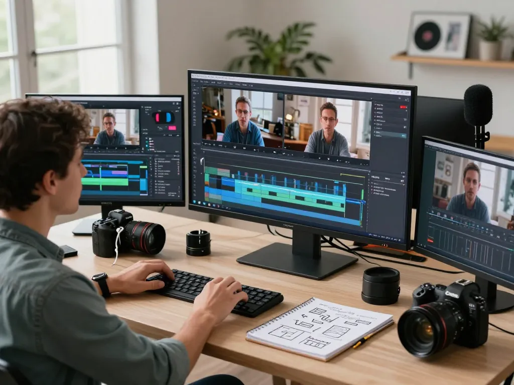 Innovative workspace for video to prompt technology analysis, displaying editing software and equipment.
