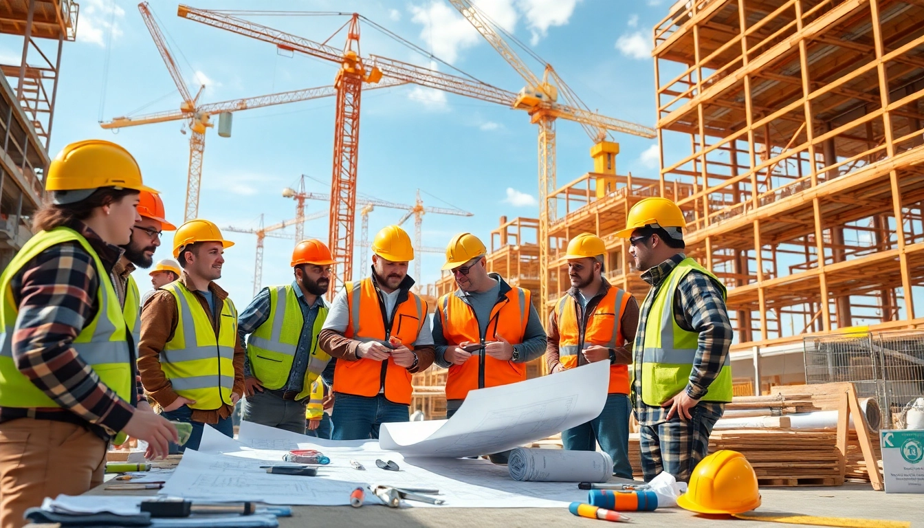 Workers collaborating on construction plans at a vibrant construction site, embodying the essence of construction association.