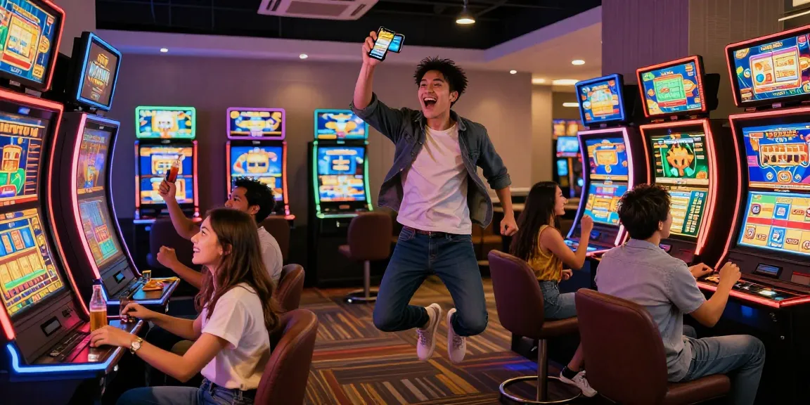 Exciting group celebration at a situs gacor online gambling lounge, showcasing friends winning on a betting app.