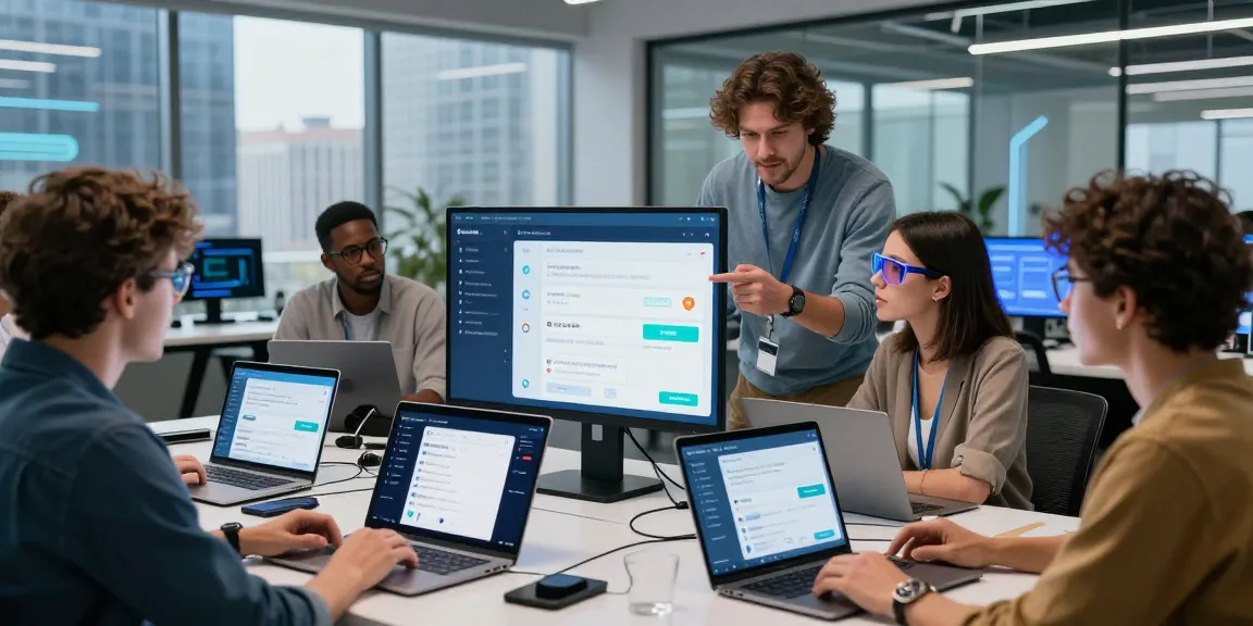 Collaboration on 纸飞机下载 app features in a high-tech workspace with diverse professionals