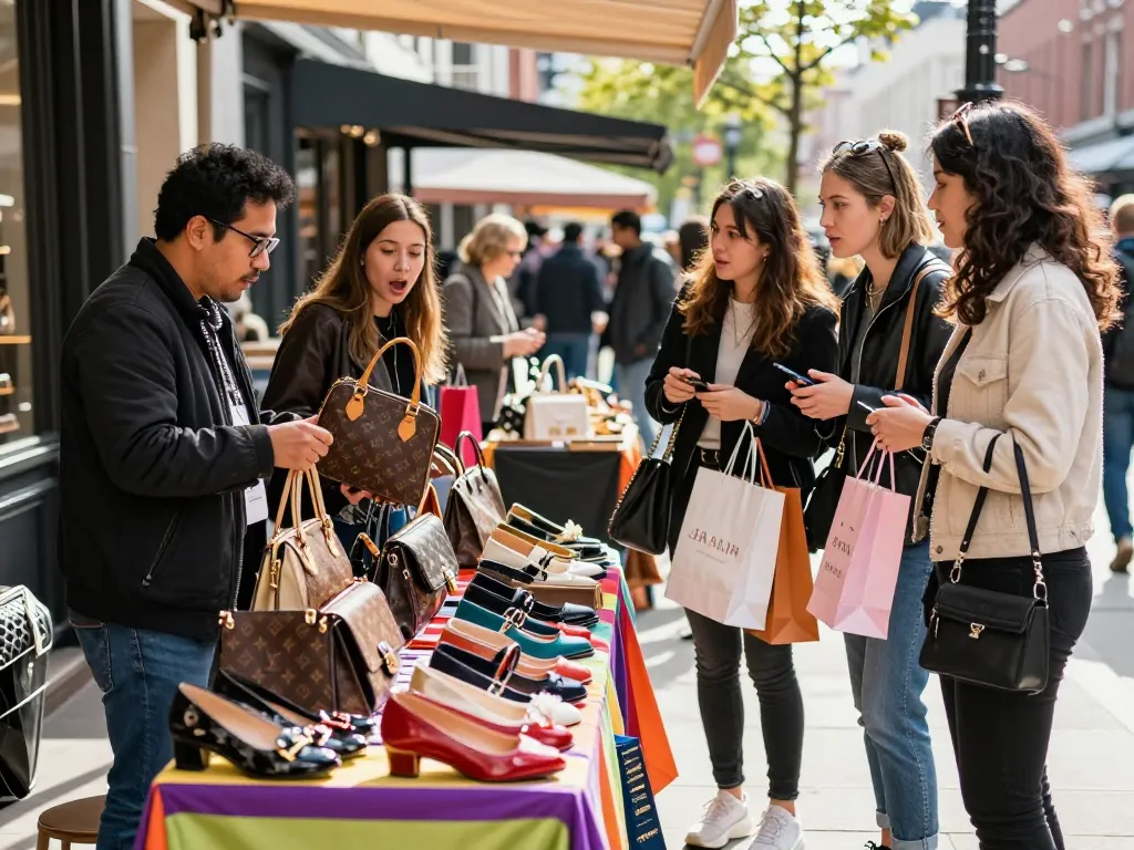 Shopping experience at a 레플리카 쇼핑몰 with stylish customers exploring high-quality replica products in an urban setting.