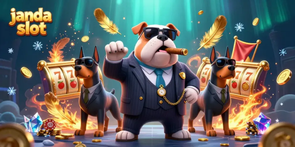 Menangkan pengalaman bermain janda slot dengan ilustrasi kartun 3D yang menampilkan karakter mafia dan mesin slot.