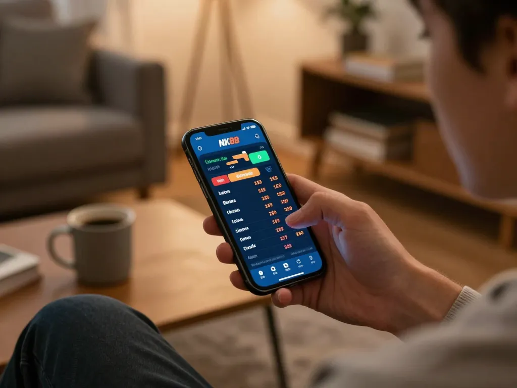 Engaging in NK88 bet on smartphone, showcasing live sports odds at home, relaxing gaming experience.
