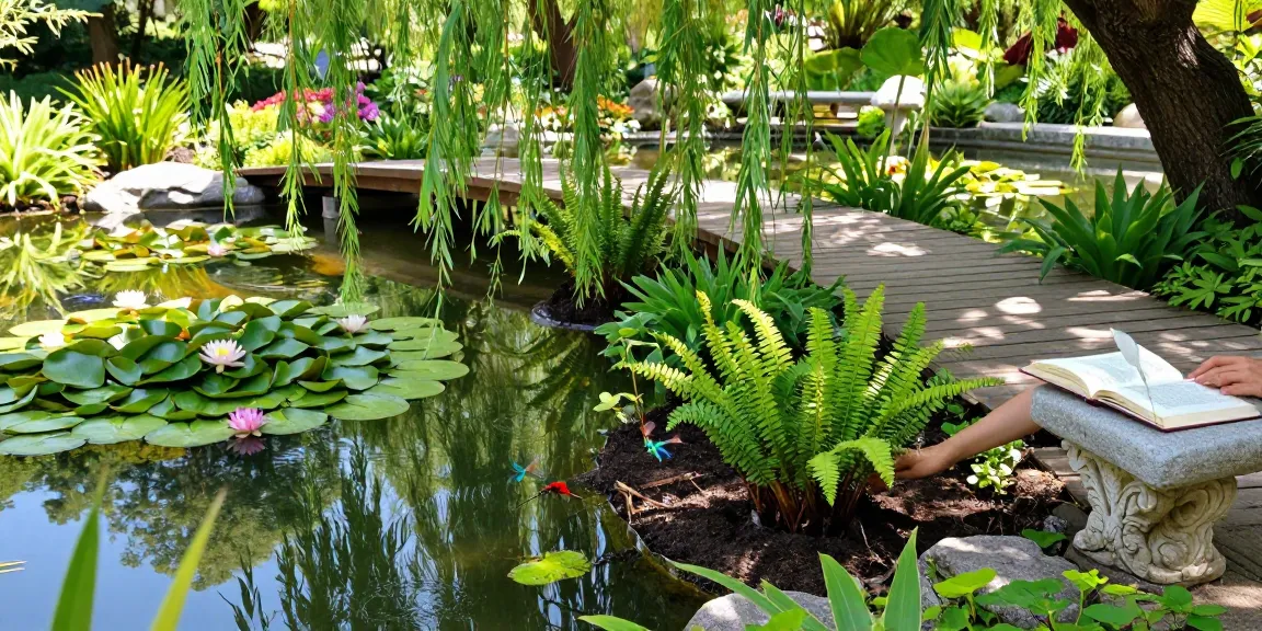 Pond plants like water lilies thrive in a serene garden setting, with sunlight filtering through willow trees.