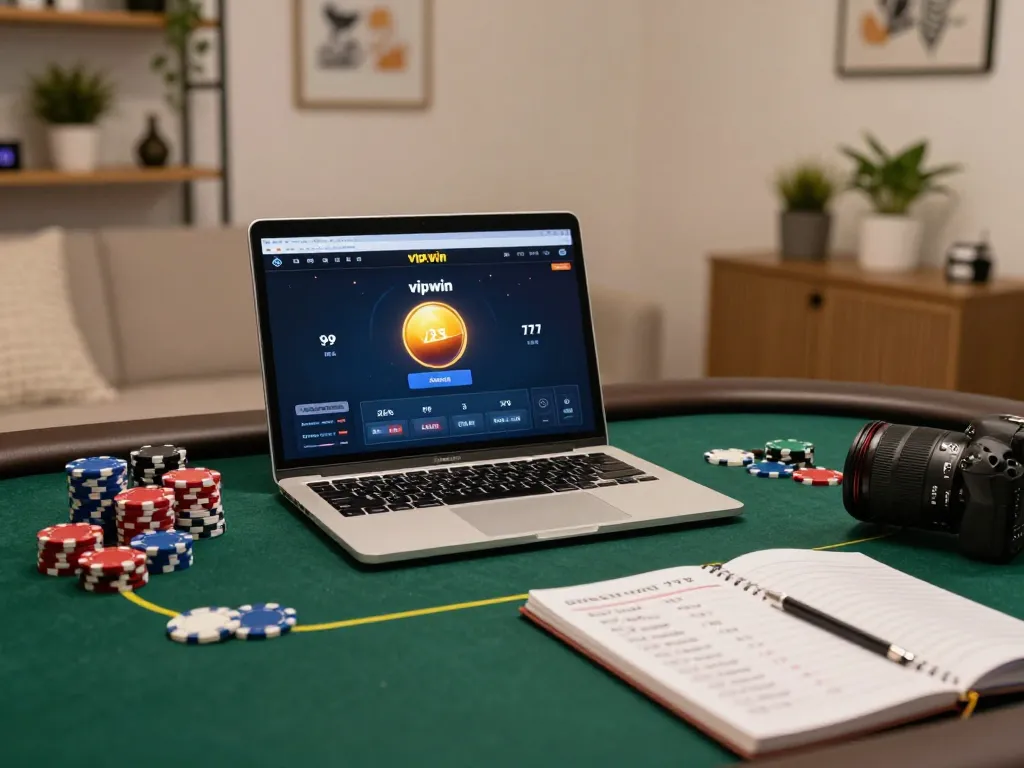 Engaging online gaming setup with vipwin poker interface, showcasing strategic planning and vibrant chips.