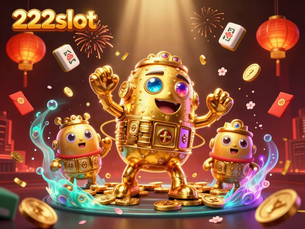 Menangkan permainan slot dengan 222slot, golem emas bergerak yang dikelilingi koin dan hadiah menarik.