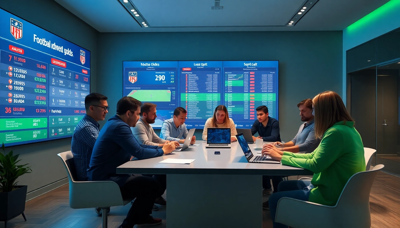 Engaged group analyzing live football odds on https://keonhacai.gold/ in a modern setting.