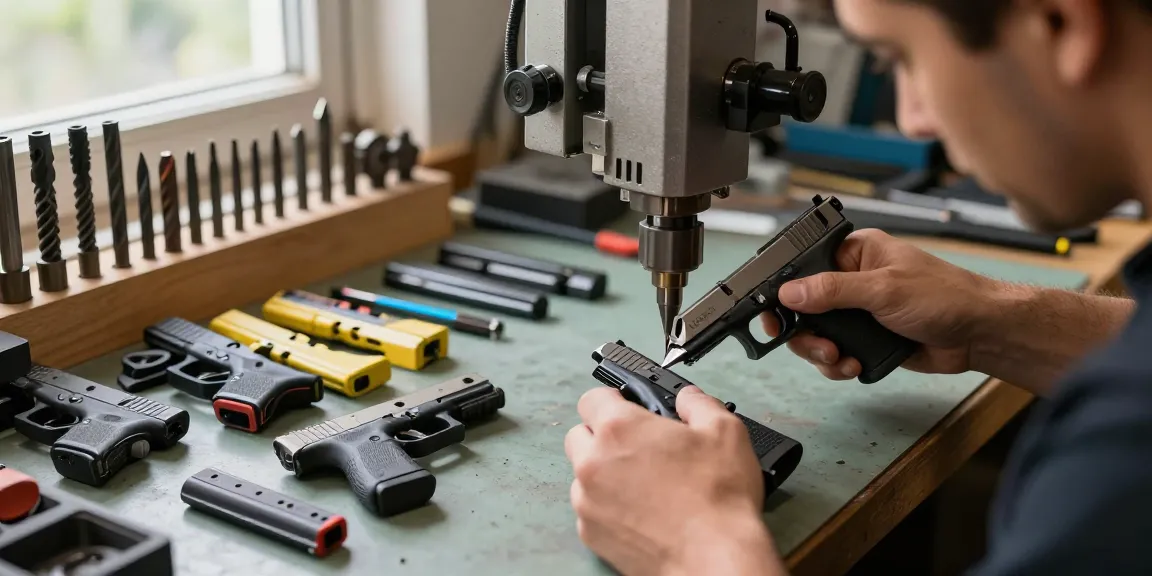 Custom Glock slides designs and precision engineering showcased at https://precisionglockslides.com workshop with skilled gunsmith at work.