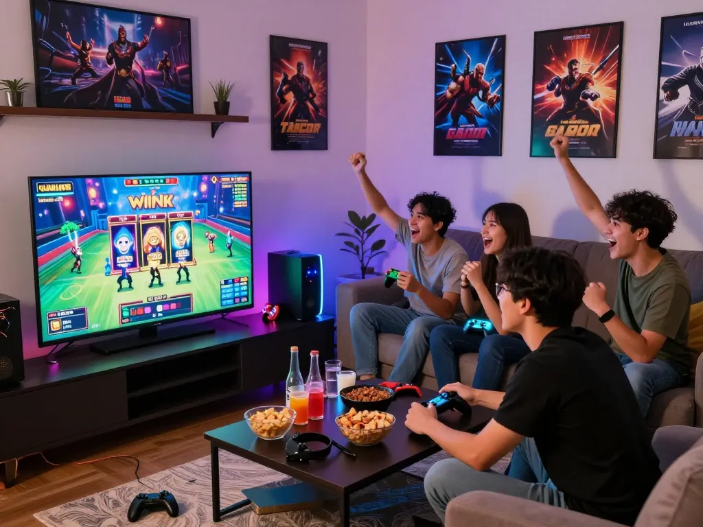 Friends enjoying a slot gacor game night at home, colorful LED lights and gaming gear create a vibrant atmosphere.