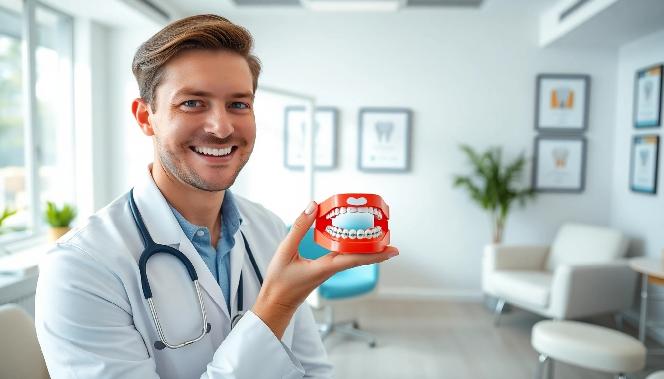 Orthodontics Edmonton consultation scene showcasing an orthodontist with a mouth model and braces.