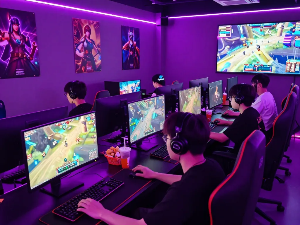 Engaged gamers in vibrant neon purple setting for mantra88 login, showcasing colorful game interfaces and dynamic atmosphere.