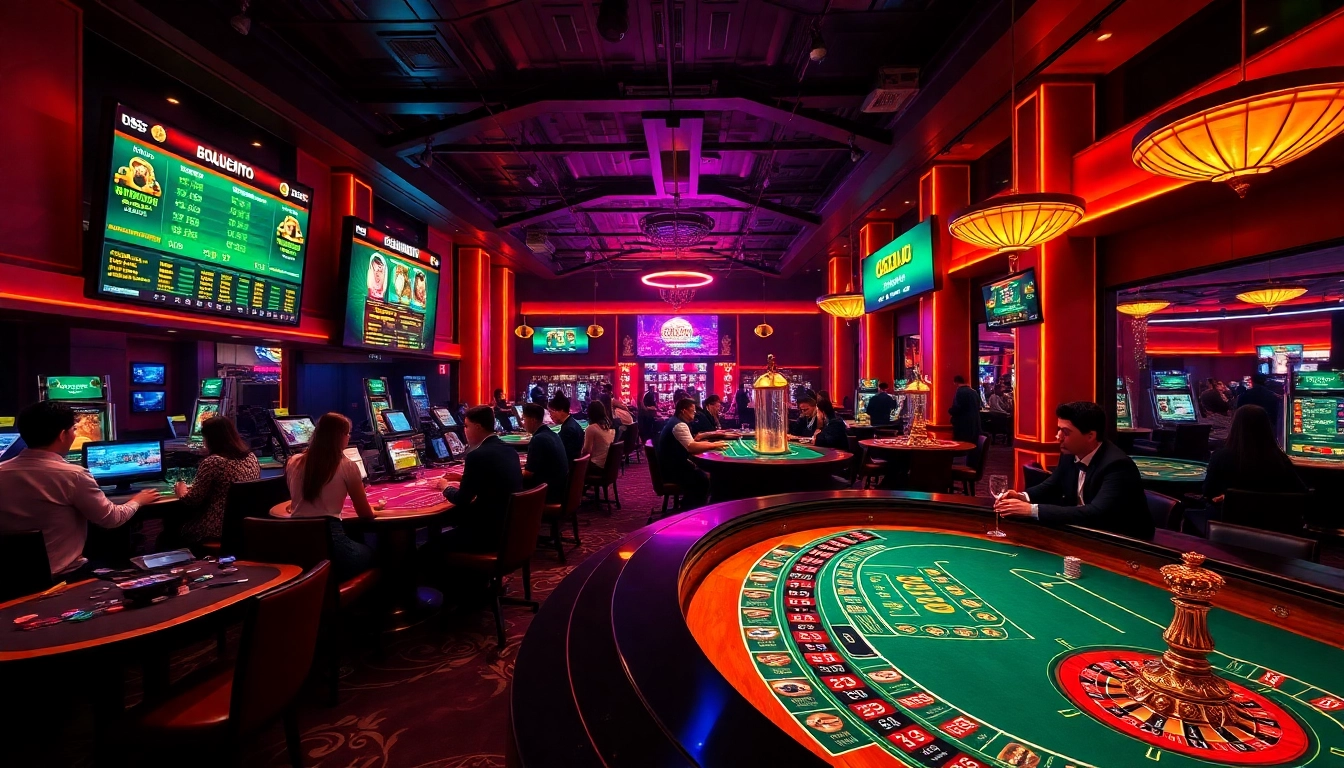 88clb casino environment showcasing gaming tables, vibrant players, and interactive gaming features.