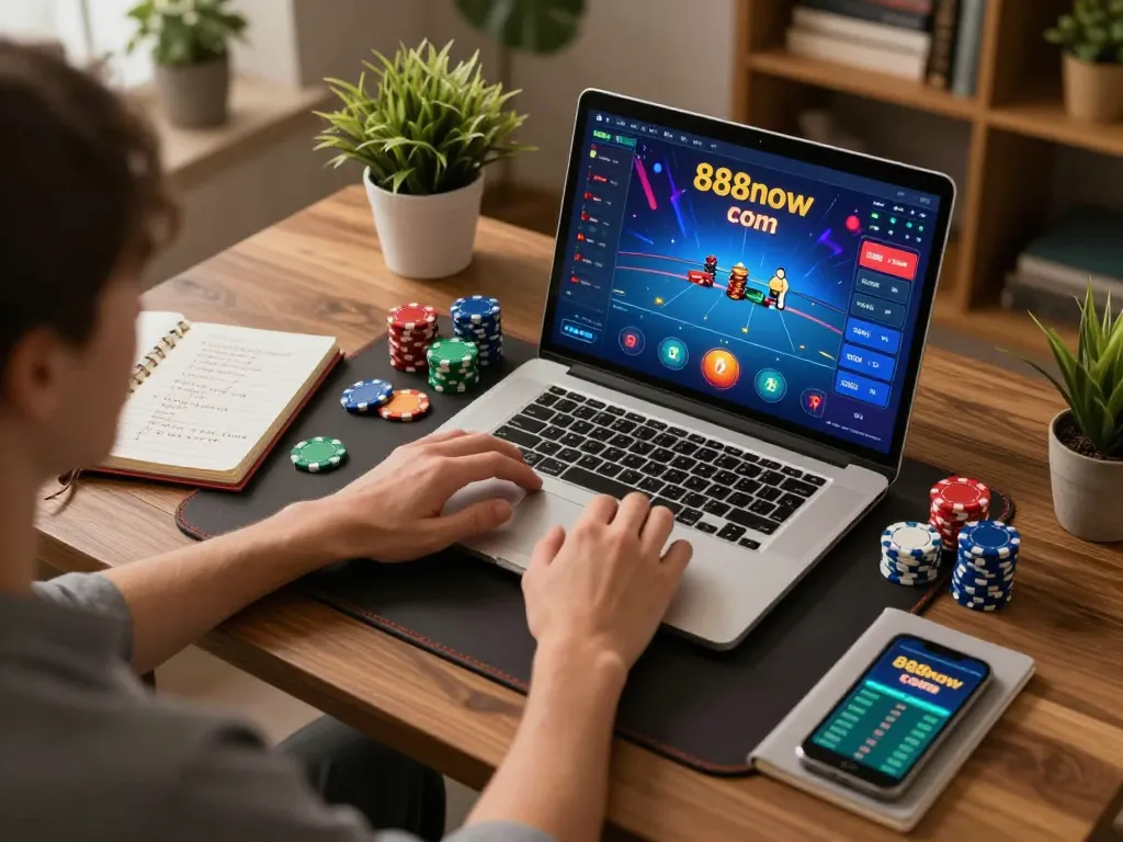 Engaged player using 888now com for online poker strategies in a home office setting