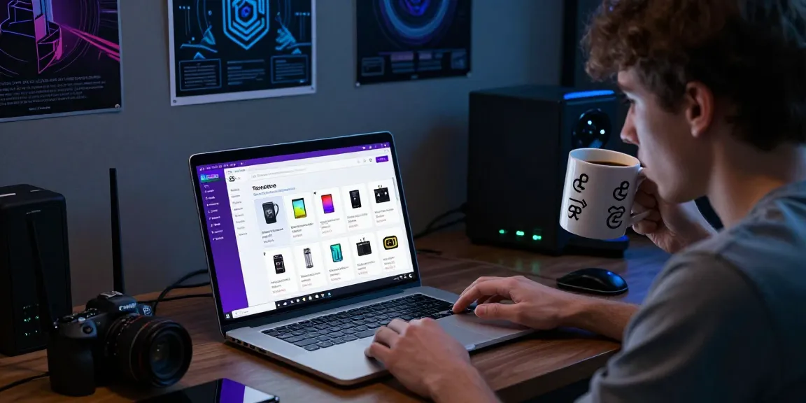 User exploring the Torzon darknet market link and onion mirrors on a laptop amidst tech-themed décor, highlighting the vibrant interface and atmosphere of digital exploration.