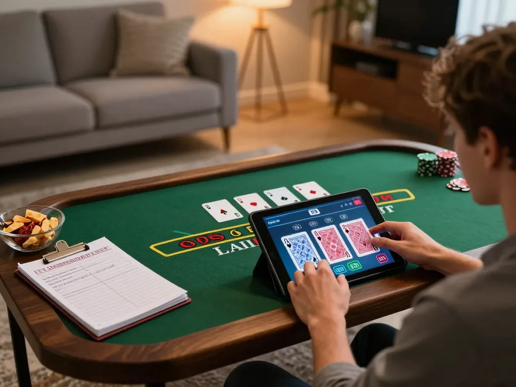 Engaged player enjoying SC88 online blackjack game on tablet in cozy home setting.