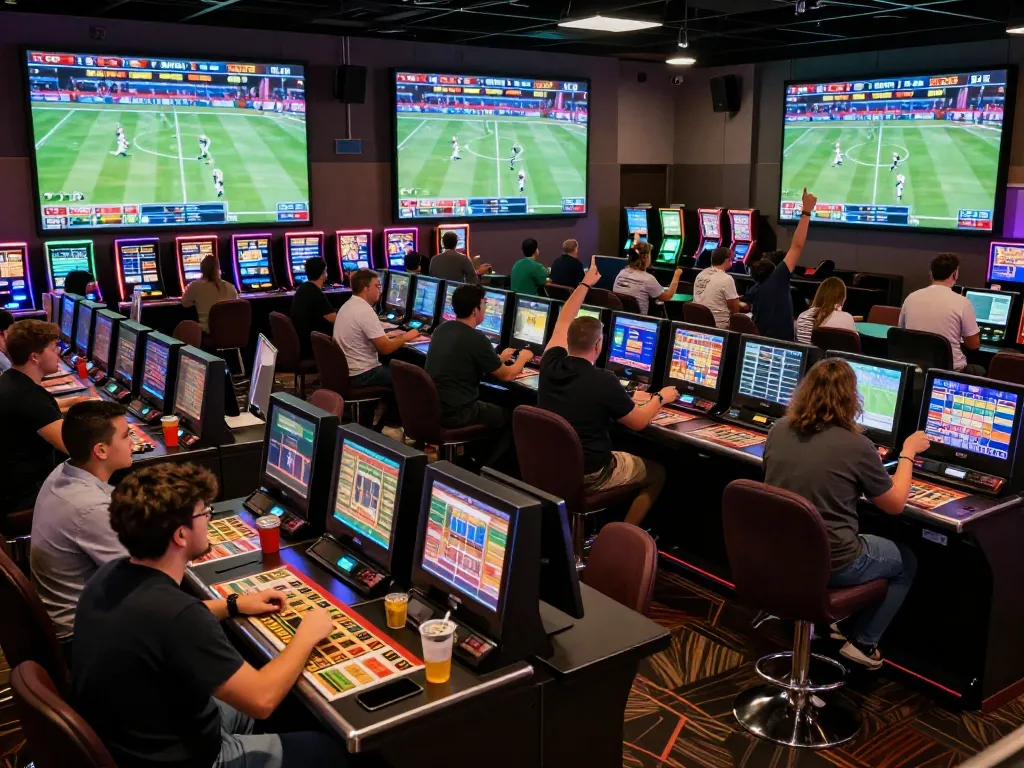 Engaged bettors strategizing bets at fabet sports betting area with live events.