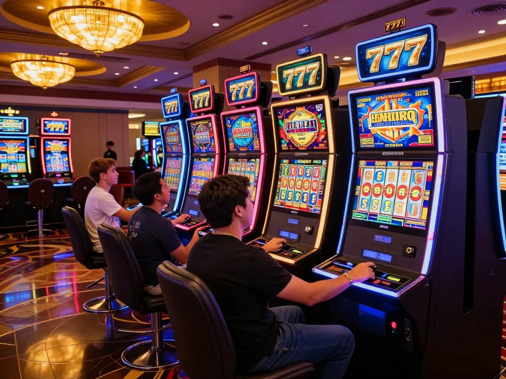 Players celebrating wins at colorful slot machines in an exciting casino environment featuring slot777.