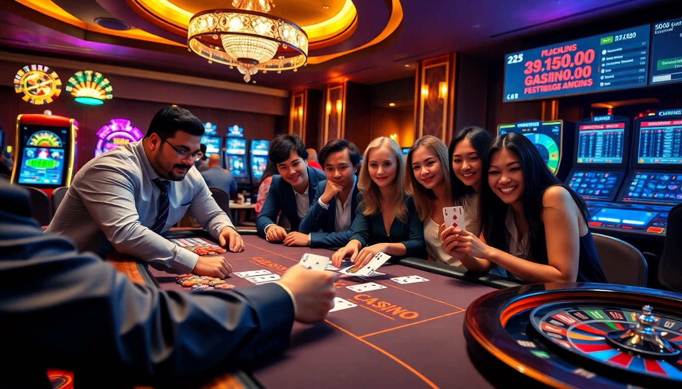 Participez à un gameplay palpitant dans un casino en ligne vibrant avec des jetons de poker et une roue de roulette animée.