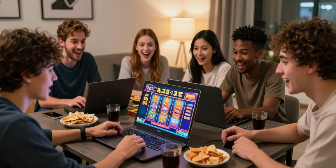 Group of friends joyfully playing slot depo 5000 games on a laptop in a cozy living room.