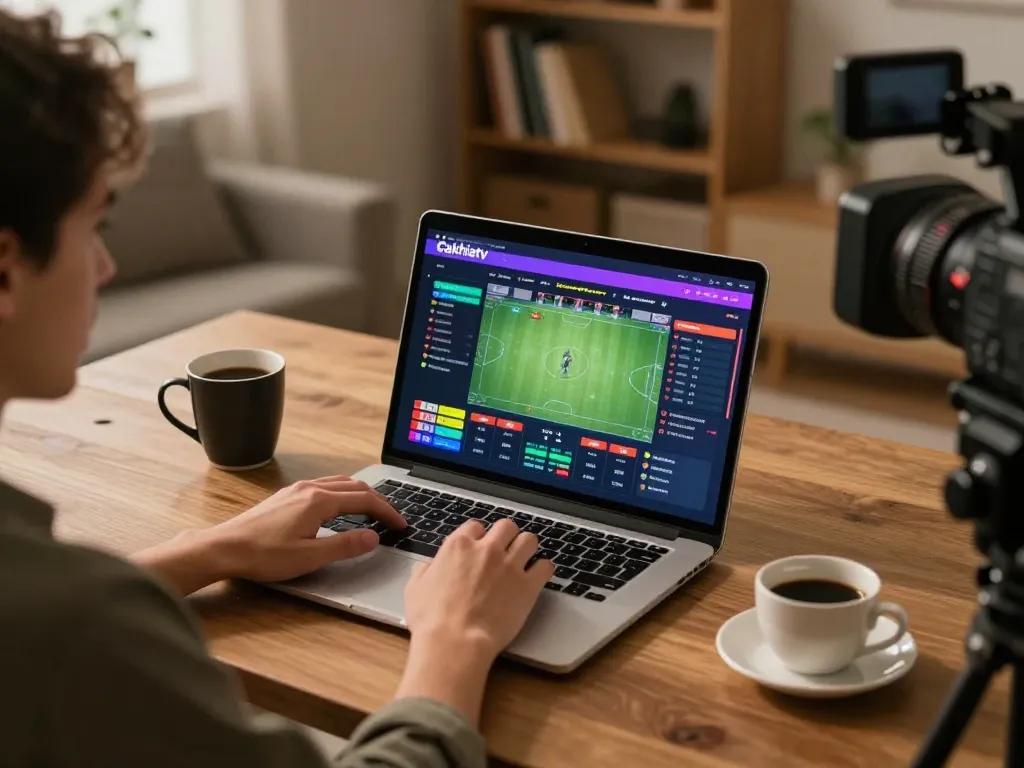 Cakhiatv user placing bets online with a laptop in a cozy home setting with warm lighting.