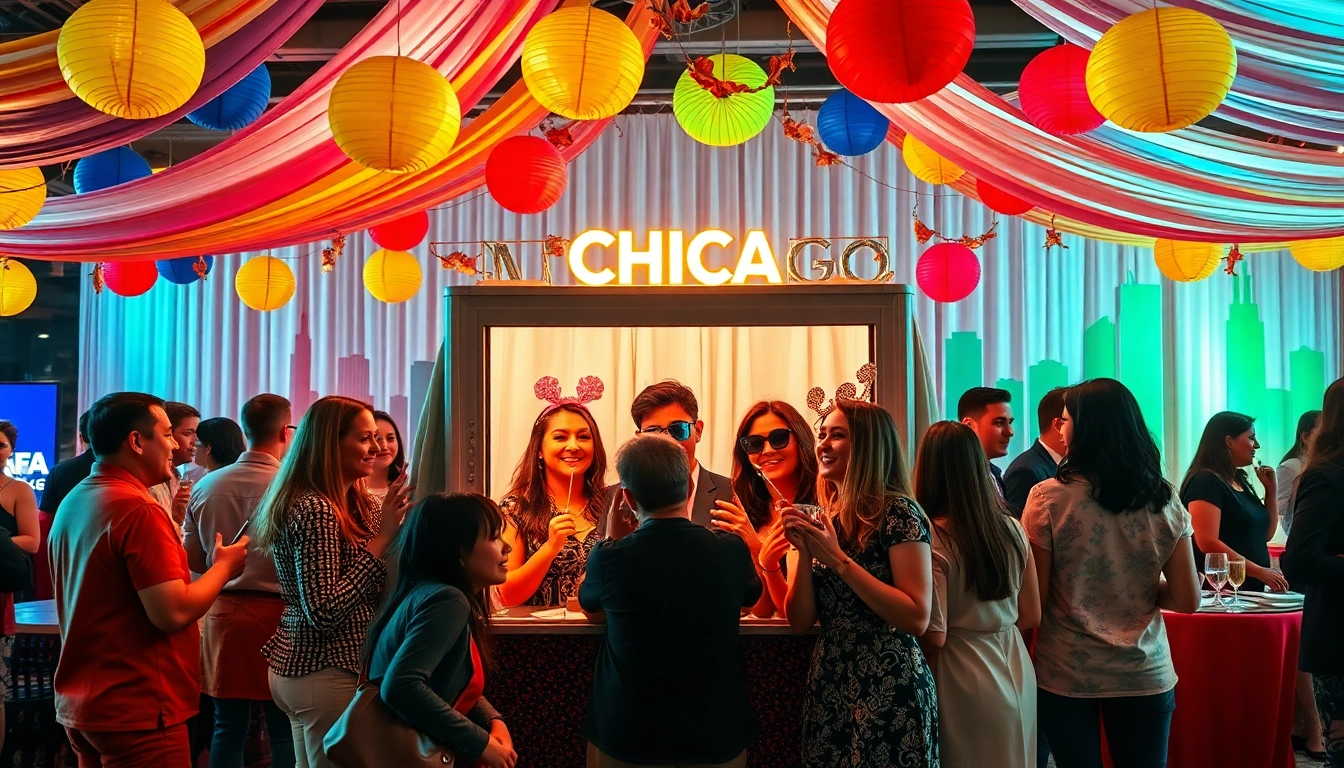 Guests having fun with a photo booth chicago filled with props and colorful decorations.
