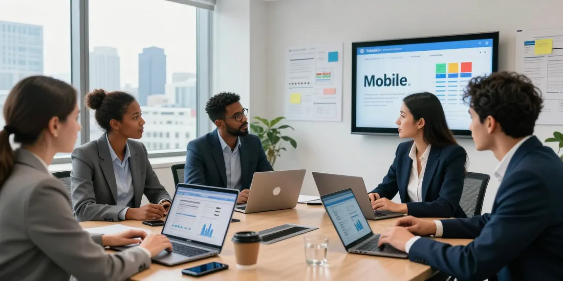 Team discussing business mobile deals UK in modern office setting.