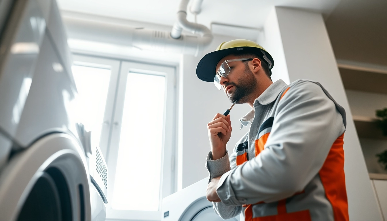 Expert technician conducting dryer vent repair with modern tools in a well-lit residential setting.