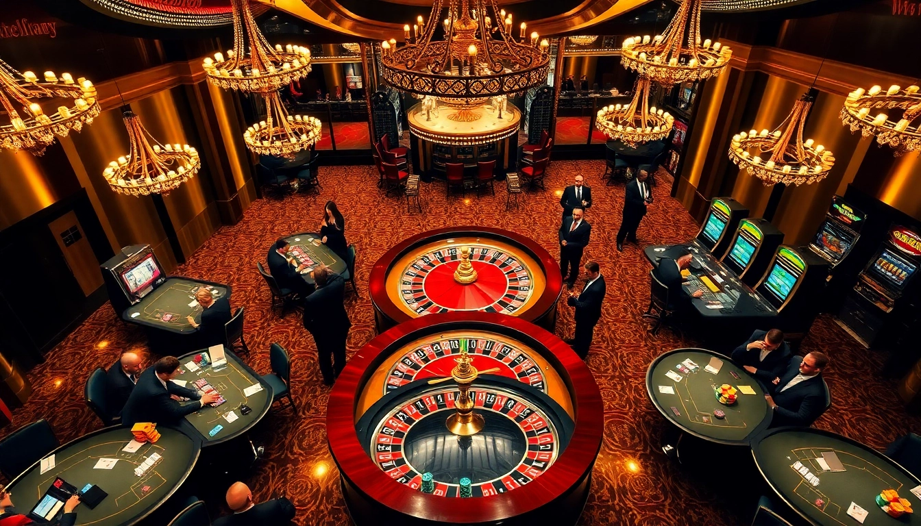 Scène de casino en ligne passionnante avec des joueurs à une roue de roulette et à des tables de poker.